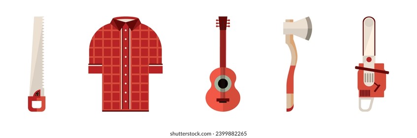 Lumberjack Object with Saw, Axe and Red Checkered Shirt Vector Set