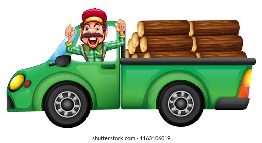 A lumberjack on a car on white background illustration