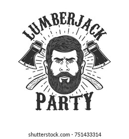 Lumberjack party. Lumberjack head on background with two crossed axes. Design element for logo, label, emblem, sign, badge. Vector illustration