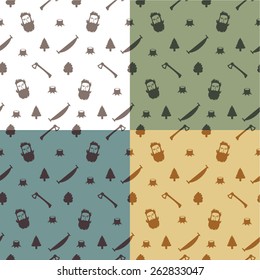 Lumberjack pattern. Seamless pattern with woodcutter, axes and trees.