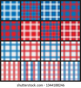 Lumberjack Patterns. Red, Black and Camel Beige Buffalo Check Plaid, Tartan and Gingham Flannel Shirt Patterns. Trendy Hipster Style Backgrounds. Vector Tile Swatches made with Global Colors.