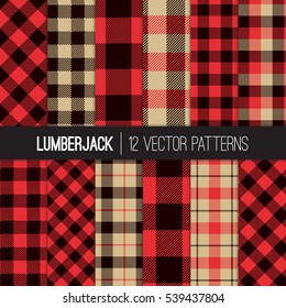 Lumberjack Patterns.  Red, Black and Camel Beige Buffalo Check Plaid, Tartan and Gingham Flannel Shirt Patterns. Trendy Hipster Style Backgrounds. Vector Tile Swatches made with Global Colors.