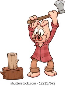 Lumberjack pig chopping wood. Vector clip art illustration with simple gradients. Pig and log on separate layers for easy editing.