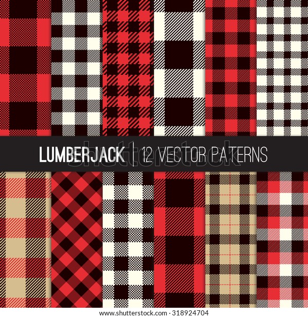 Lumberjack Plaid and Buffalo Check Patterns. Red,\
Black, White and Khaki Plaid, Tartan and Gingham Patterns. Trendy\
Hipster Style Backgrounds. Vector EPS File Pattern Swatches made\
with Global Colors.