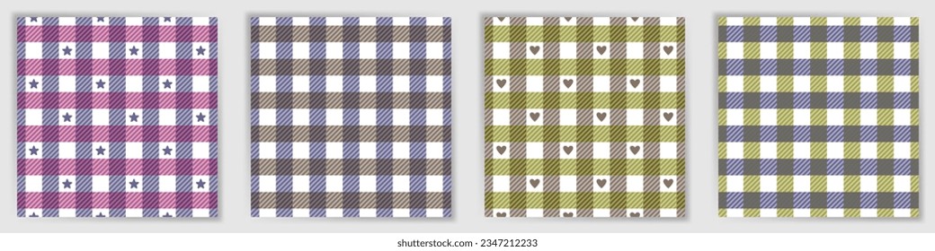 Lumberjack plaid endless ornament collection. Retro macgregor tartan check fabric print set with stars and hearts. Lumberjack plaid striped ornaments for jacket textile print.