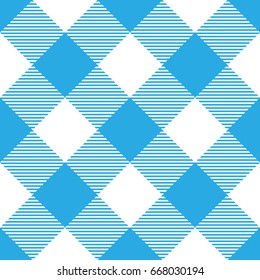 Lumberjack plaid pattern in blue and white. Diagonal arrangement. Seamless vector pattern. Simple vintage textile design.
