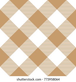 Lumberjack plaid pattern in brown and white. Diagonal arrangement. Seamless vector pattern. Simple vintage textile design.