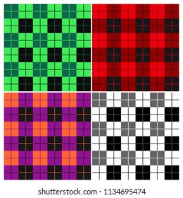 Lumberjack plaid pattern set. Alternating red, violet, orange, green, black and white squares seamless clothing background. Vector illustration.