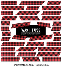 Lumberjack Plaid Red and Black Washi Tape Strips. Semitransparent. Trendy Hipster Style Design Element, Photo Card Embellishment.  Vector EPS File Includes 4 Pattern Swatches made with Global Colors.