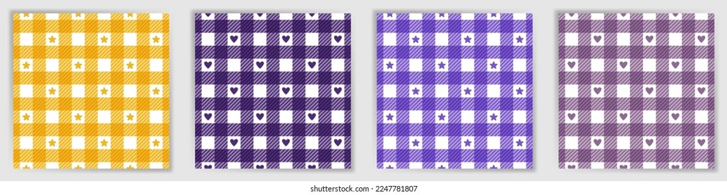 Lumberjack plaid seamless pattern collection. Elegant macgregor tartan check fabric print set with stars and hearts. Lumberjack plaid striped patterns for duvet cover textile print.