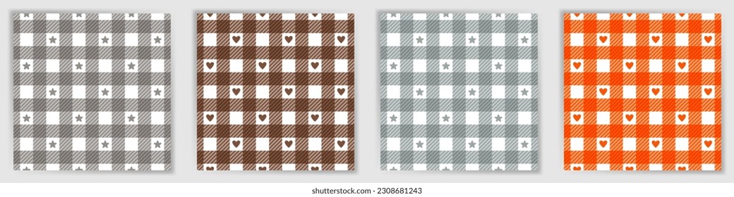 Lumberjack plaid seamless pattern collection. Pretty macgregor tartan check fabric print set with stars and hearts. Lumberjack plaid square swatches for pillowcase textile print.
