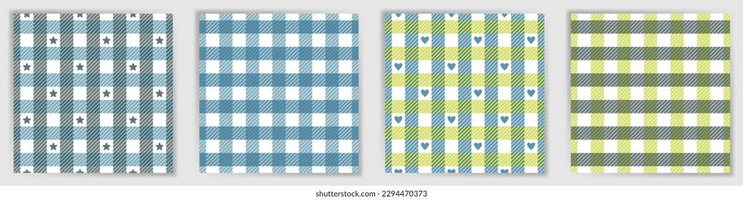 Lumberjack plaid seamless pattern set. Trendy macgregor tartan check textile print collection with stars and hearts. Lumberjack plaid square patterns for bed linen fabric print.