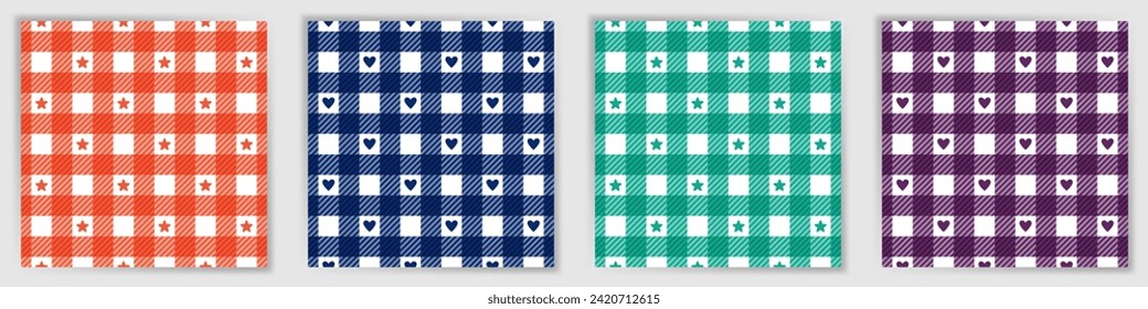 Lumberjack plaid seamless pattern set. Trendy macgregor tartan check textile print collection with stars and hearts. Lumberjack plaid square patterns for blanket fabric print.