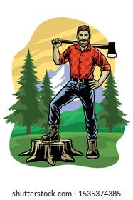 lumberjack pose on the logging forest