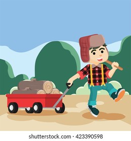 lumberjack pulling cart full of lumber