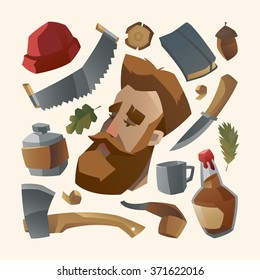 Lumberjack with red beard and his stuff