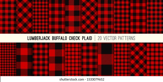 Lumberjack Red And Black Buffalo Check Plaid Vector Patterns. Rustic Christmas Backgrounds. Pack Of 20 Hipster Flannel Shirt Fabric Textures Of Different Styles. Repeating Swatches Included.