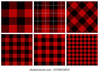 Patrones de vectores de la placa de la comprobación de búfalo rojo y negro de la toma de lumberjack. Antecedentes Rústicos. Paquete de 6 Hipster Flannel Shirt Textures de estilos diferentes.