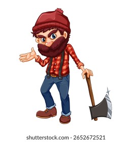 Lumberjack em traje vermelho segurando vetor de machado