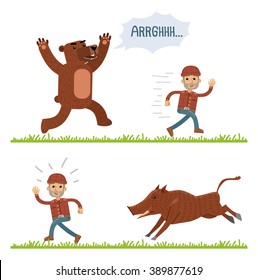 Lumberjack running away from bear and boar. Funny illustration of wild animals attacking lumberjack. Flat style vector illustration