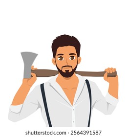 Lumberjack. Rural man holds axe in hands. Flat Vector character illustration