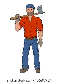 Lumberjack. Rural man holds axe in hands, wearing a plaid shirt, jeans and boots. Lumbersexual fashion style. Brutal bearded man.