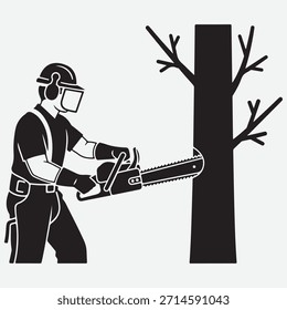 Lumberjack Sawing Log Un hombre con la silueta de la máquina de aserrar Vector