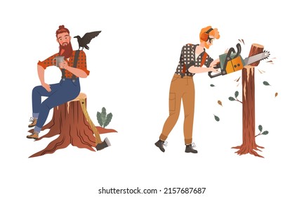 Lumberjack sawing trees with chainsaw set. Logging industry workers working and having lunch cartoon vector illustration