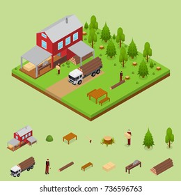 Lumberjack and Sawmill Building with Elements Isometric View Logging Transport, Workers and Woodcutte witch Equipment. Vector illustration