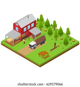 Lumberjack and Sawmill Building Isometric View Logging Transport, Workers and Woodcutte witch Equipment. Vector illustration