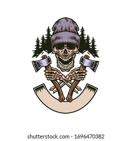 Lumberjack screamed skull with two axes, hand drawn line with digital color, vector illustration