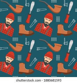 Lumberjack Seamless Pattern with Lumberjack Avatar, Chisel, Boots, and Tobacco Pipe. You can use this design to create poster, tshirt, pillow, tote bag, pouch, phone case, etc.