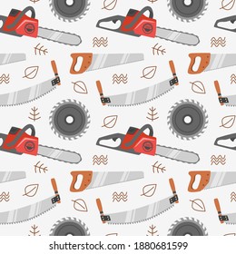 Lumberjack Seamless Pattern with Handsaw, Crosscut Saw, Chainsaw, and Circular Saw. You can use this design to create poster, tshirt, pillow, tote bag, pouch, phone case, etc.