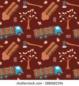 Lumberjack Seamless Pattern with Wood Trunk, Axe, Wood Truck, and Tree. You can use this design to create poster, tshirt, pillow, tote bag, pouch, phone case, etc.