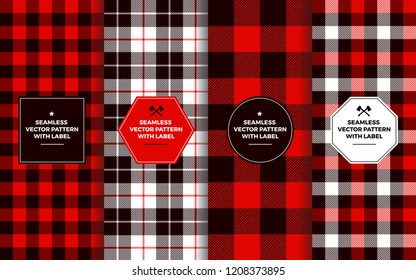 Lumberjack Seamless Patterns with Label Frames. Red Black White Buffalo Check and Tartan Plaid. Trendy Hipster Textures & Badges. Copy Space for Text. Design Templates for Packaging, Covers, Gift Wrap