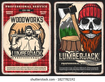 Lumberjack service, woodwork vintage posters. Strong man in shirt, holding felling axe, lumberjack smiling skull with red beard and mustaches wearing knitted hat, tree stump and mountain forest vector