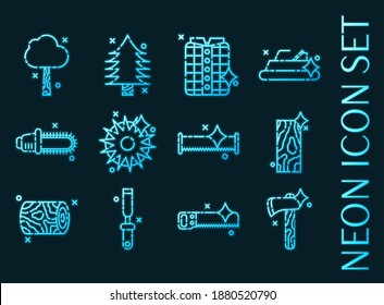 Lumberjack set icons. Blue glowing neon style.