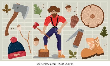 Lumberjack set: man with flannel jacket, axe and mountain elements