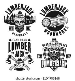 Lumberjack set of vector black emblems, badges or logos in vintage style isolated on white background