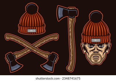 Lumberjack set of vector objects or design elements in colored style on dark background