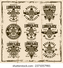 Lumberjack set of vector vintage emblems, labels, badges or prints on background with grunge textures