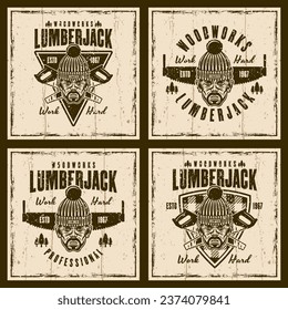Lumberjack set of vector vintage emblems, labels, badges or prints on background with grunge textures