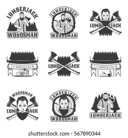 Lumberjack set of vector vintage emblems, labels, badges and logos in monochrome style on white background