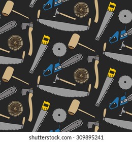 Lumberjack set, wood and tools. Hand-drawn seamless cartoon pattern with lumber clothing. Doodle drawing. Vector illustration. 
