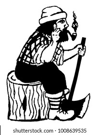 Lumberjack sits with an ax in his hand. Woodcutter in a plaid shirt and knitted hat. Black and white drawing. Vector  Illustration.