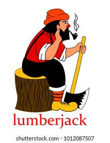 Lumberjack sits with an ax in his hand. Woodcutter in a plaid shirt and knitted hat. Black and white drawing. Vector  Illustration.