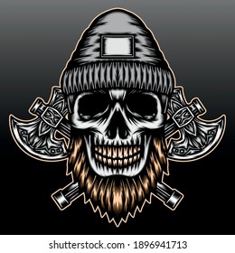 Lumberjack skull with axe. Premium vector