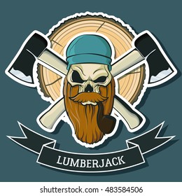Lumberjack Skull with Beard, Axes, Hat, Smoking Pipe, Ribbon Tree Cut Down Rings