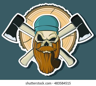 Lumberjack Skull with Beard, Axes, Hat, Smoking Pipe, Tree Cut Down Rings