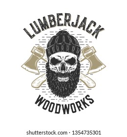 Lumberjack Skull with beard and crossed axes. Vector illustration.